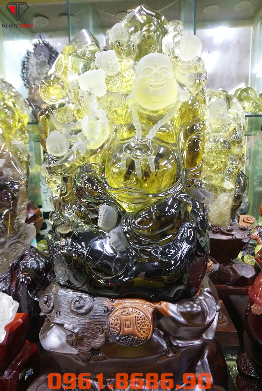 Tượng phật di lặc ngũ phúc bằng đá thạch anh vàng
